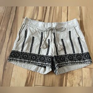 Ann Taylor LOFT Women Sz 0 Linen Shorts Beige Blue Embroidered Drawstring Summer